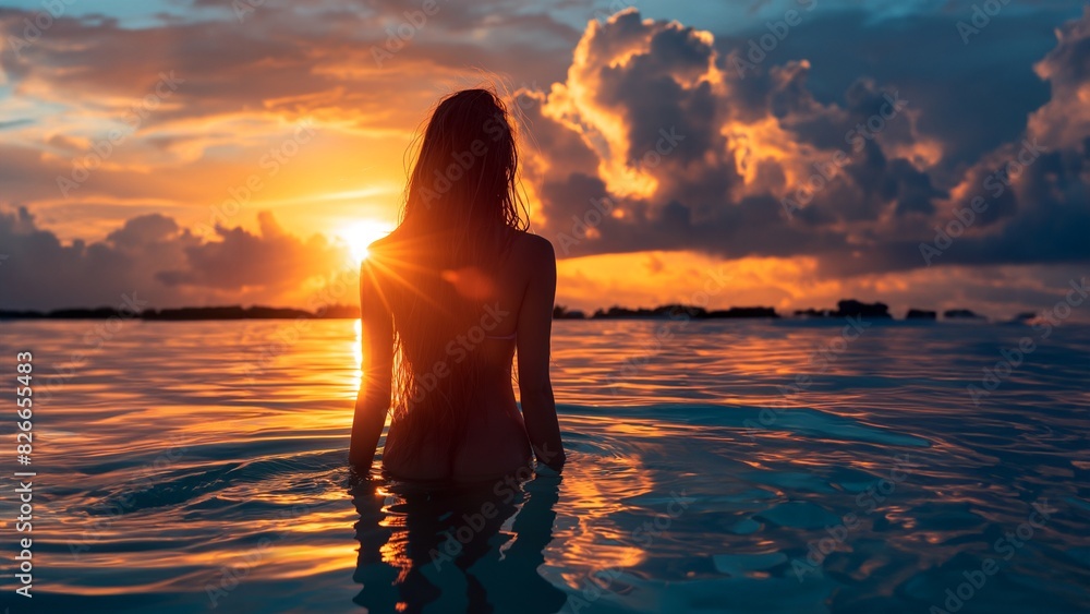 Sommer Sonne Meer und Strand, Frau mit schöner Bikini Figur macht Urlaub und genießt die goldene orangene Abendsonne