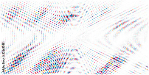 White background with colorful dotted halftone pattern.	