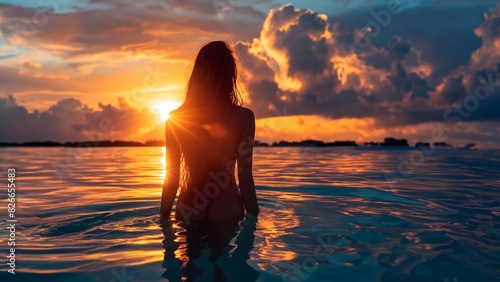 Sommer Sonne Meer und Strand, Frau mit schöner Bikini Figur macht Urlaub und genießt die goldene orangene Abendsonne © www.freund-foto.de