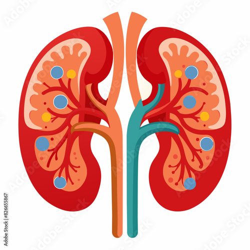 A detailed cartoon depiction of the human kidneys with symbolic elements