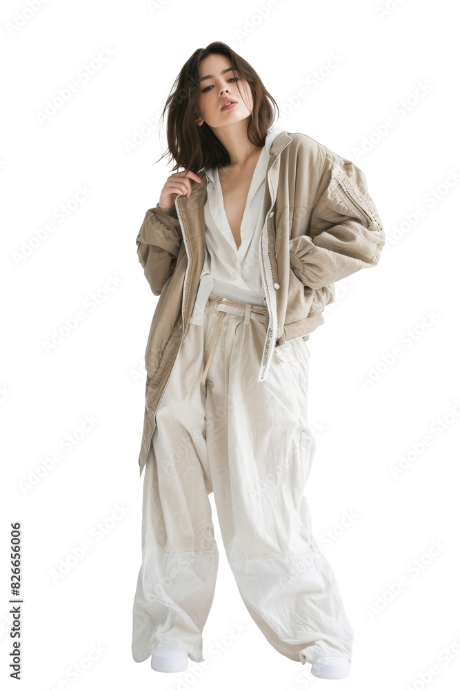 Fashionable woman in a beige jacket and wide-legged pants posing confidently against a white background. Fashionable woman in a beige jacket and wide-legged pants posing confidently against a white background.