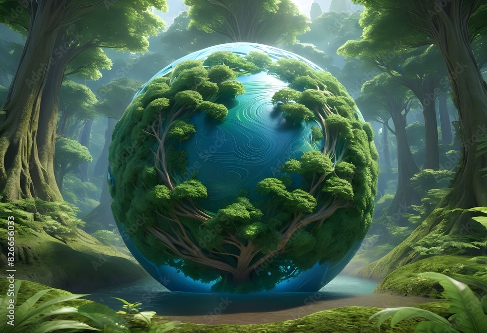 3D rendering of a spherical planet covered in a dense, lush forest. 3D rendering of a spherical planet covered in a dense, lush forest.