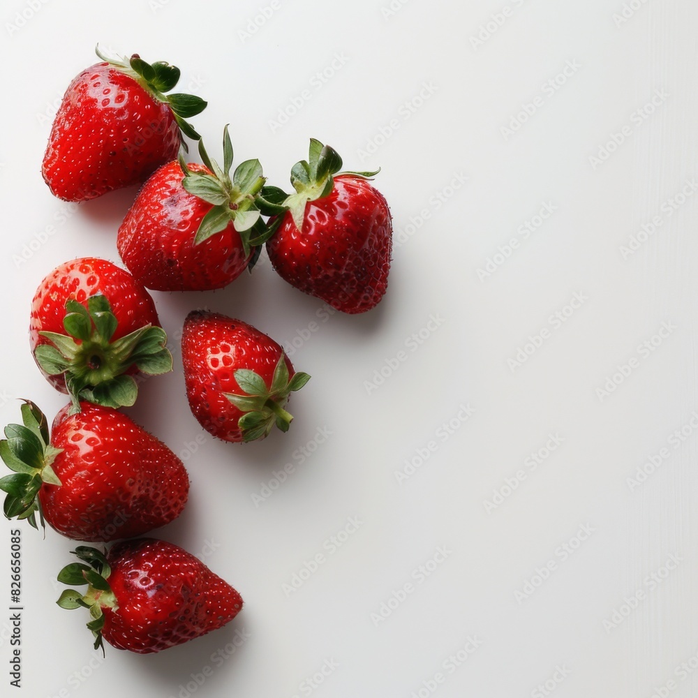 Frame of many fresh wild strawberries, flower and leaves on white background, flat lay. Space for text Frame of many fresh wild strawberries, flower and leaves on white background, flat lay. Space for text
