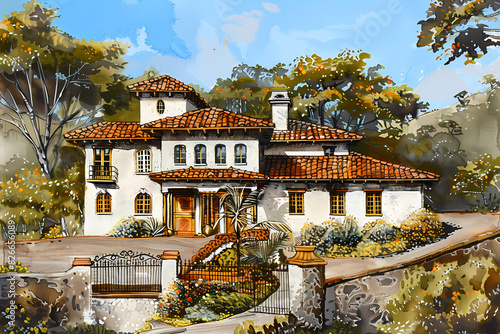 Spanish Colonial Style House (Encaustic Painting) - Originated in the Americas during the Spanish colonial period, characterized by a stucco exterior, red tile roof, and arched doorways and windows 