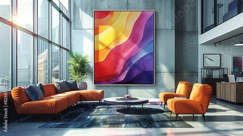 A colorful, abstract art print hanging on the wall, adding a pop of color and a touch of creativity to the otherwise neutral office background. photo