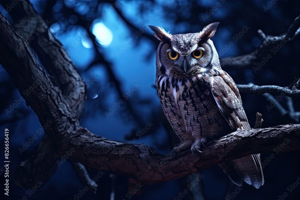 Owl Sitting on Top of Tree Branch, Cinematic Lighting at Night Owl Sitting on Top of Tree Branch, Cinematic Lighting at Night