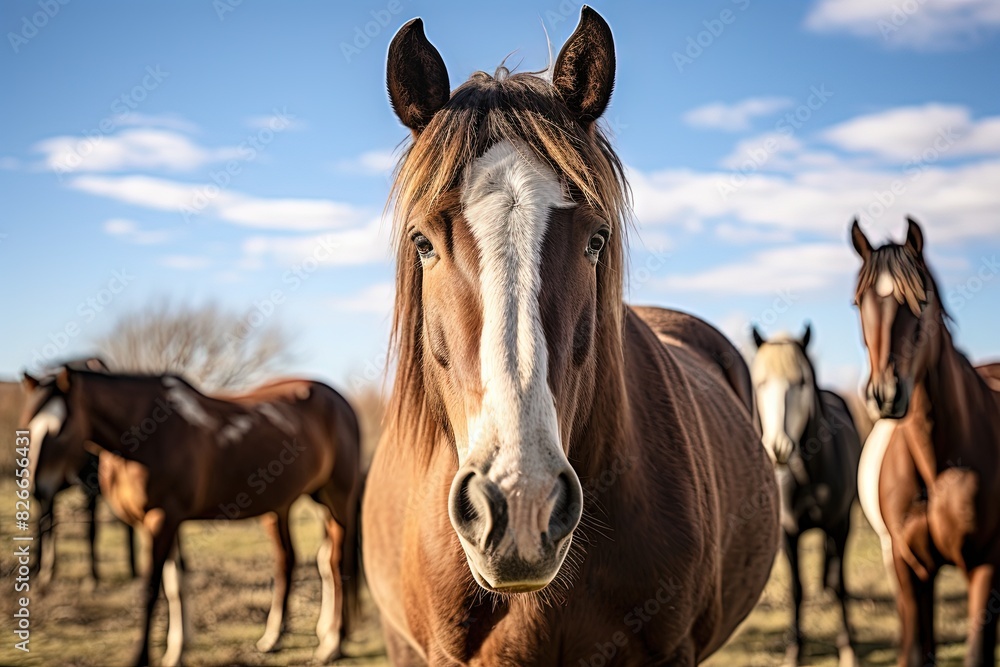 Fototapeta premium Group of Brown Horses Standing on Green Grass Field