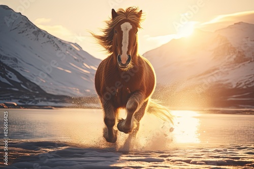 Big Brown Horse Running in Snow  Golden Hour Cinematic  Flowing Glowing Hair