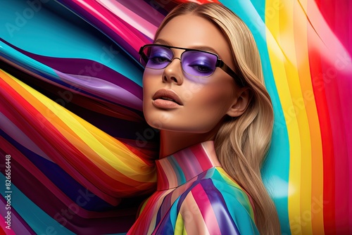 Blonde Woman in Purple Sunglasses, Colorful Background, Beauty Model Campaign