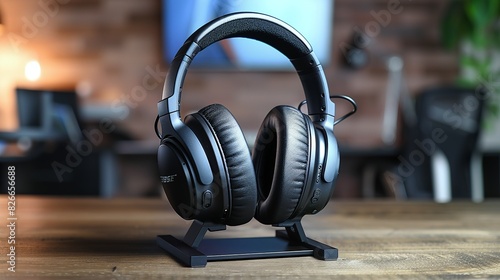 A pair of stylish, noise-canceling headphones resting on a dedicated stand, ready for use during work hours or for enjoying some music during breaks.