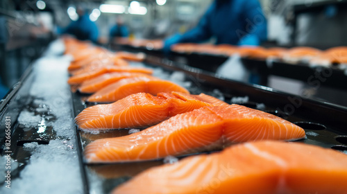 Uma fileira de salmão recém-capturado sendo processado em uma fábrica de peixes photo