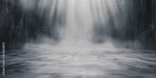 Room with clouds and light beams from ceiling