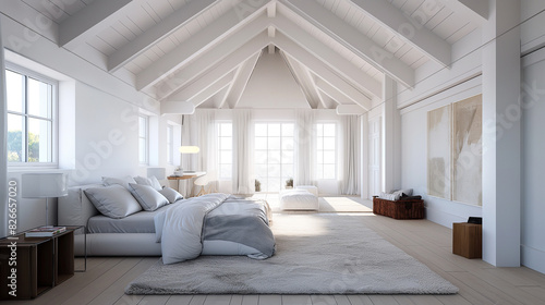 Interior do quarto principal do sótão branco sereno com teto abobadado e renderização arquitetônica em 3d de luz natural photo