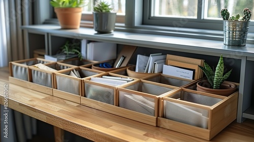 A set of matching, minimalistic desk trays or bins, keeping incoming and outgoing mail, documents, and office supplies organized and easily accessible. photo