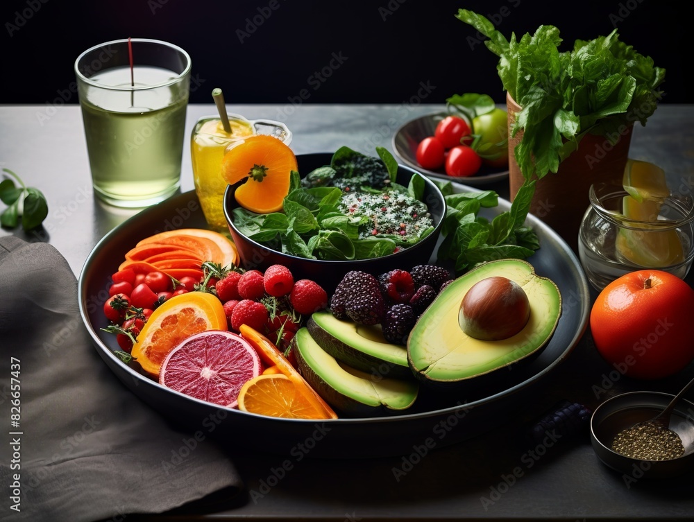 Healthy fresh fruits and vegetables on a dark background, including avocado, oranges, tomatoes, berries, and a glass of green juice. Healthy fresh fruits and vegetables on a dark background, including avocado, oranges, tomatoes, berries, and a glass of green juice.