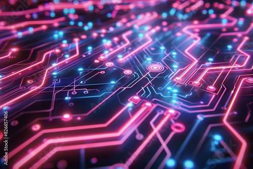 Futuristic neon circuit board, close-up view of glowing technology pathways in vibrant blue and pink hues, representing digital data and connectivity.