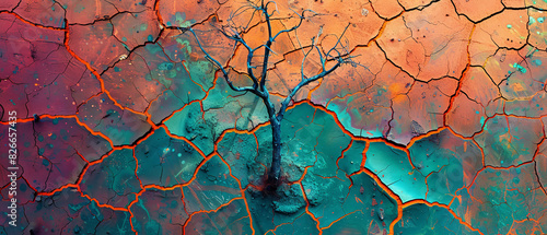 A barren, cracked earth landscape with a lone, wilted tree, vibrant colors emphasizing the dryness, high-detail, showcasing the impact of prolonged droughts due to climate change.Close-up photo