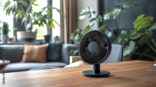 A simple, modern desk fan with a quiet operation, providing a gentle breeze to keep the workspace comfortable without creating noise or visual clutter. photo