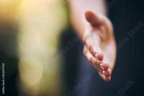 Hand, greeting and handshake for meeting, hello and employee in onboarding, bokeh and HR of business. Closeup, interview and person in workplace, creative and welcome to agency, hiring and agreement