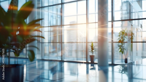 Blurred background of a light modern office interior with panoramic windows.