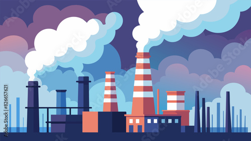 The refinerys chimneys puff out white smoke creating an ethereal mist that drifts lazily in the early morning air.. Vector illustration