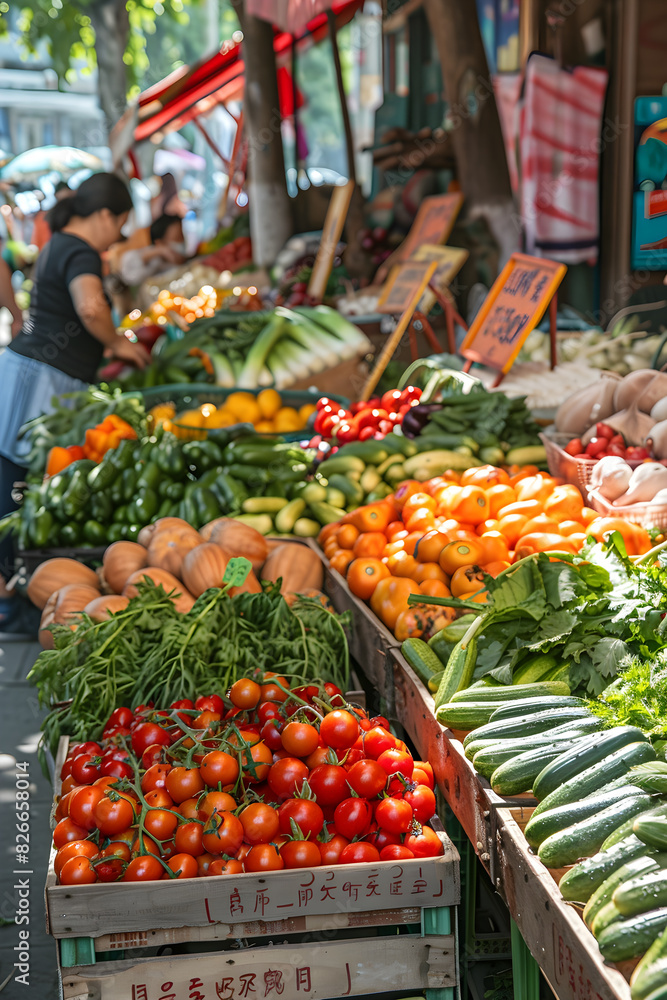 Abundant Farmers' Market Stall with Fresh Vegetables Displayed in Wooden Crates