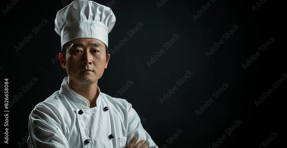 A chef is standing in front of a black background with his arms crossed. He is wearing a white hat and a white chef's coat. Chinese chef, white work clothes, black background A chef is standing in front of a black background with his arms crossed. He is wearing a white hat and a white chef's coat. Chinese chef, white work clothes, black background