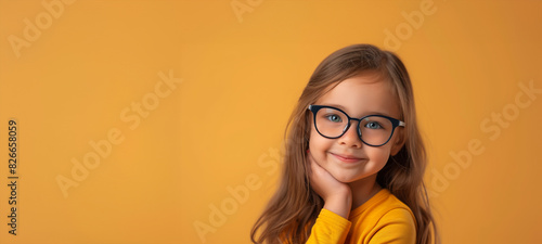 A young girl wearing glasses is standing in front of a yellow background. She is smiling and looking at the camera