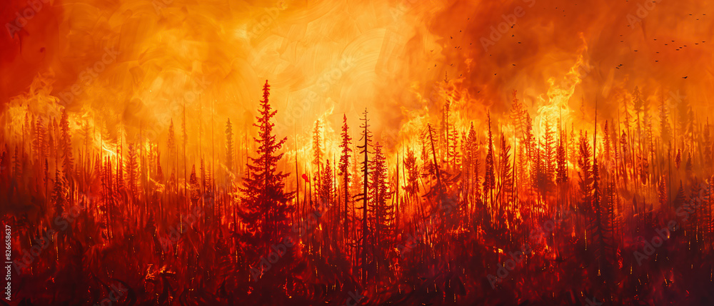 A forest engulfed in flames, detailed trees and wildlife fleeing, intense orange and red hues, high-detail, depicting wildfires intensified by climate change.Highly detailed photography