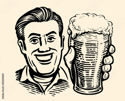 Cheerful man with glass of fresh beer. Hand drawn illustration in retro pop art style. Pub, alcoholic drink concept