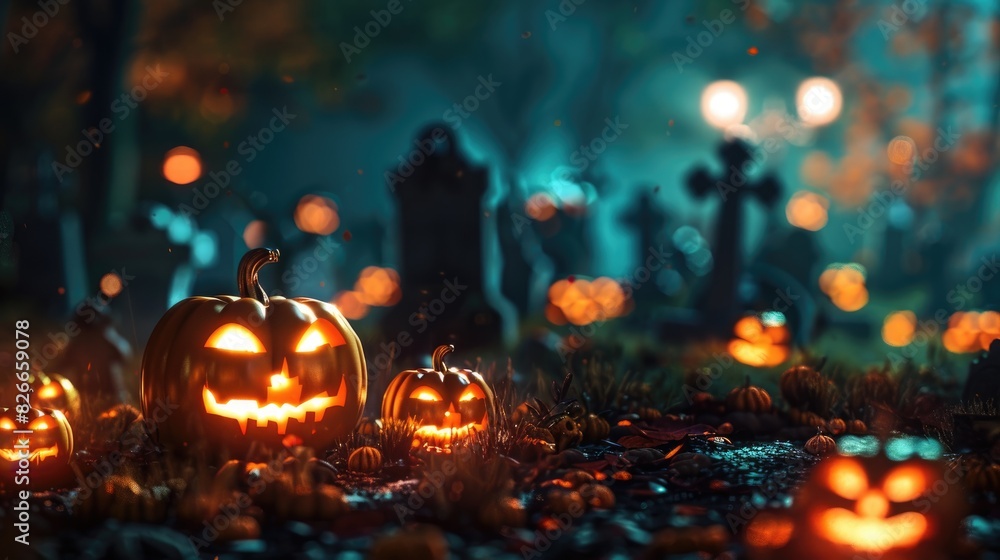 Fototapeta premium Pumpkins in a Cemetery on a Creepy Evening Halloween Background