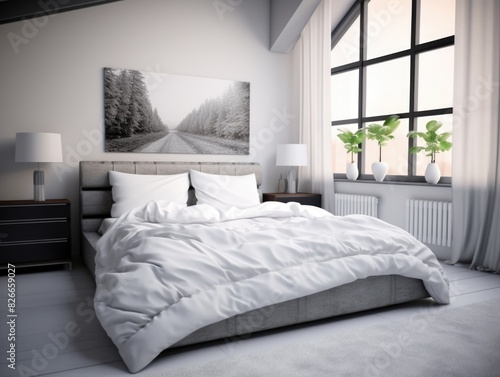 A bedroom with a white bed  a black dresser  and a white wall