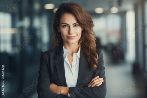 A woman in a business suit is smiling and looking directly at the camera