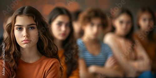 Teen girl's struggle to find belonging among peers. Concept Teenage friendships, Peer pressure, Feeling excluded, Seeking acceptance, Identity and self-discovery photo