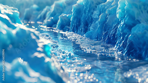 A melting glacier with vibrant blue ice turning to water, detailed cracks and crevices, warm sunlight reflecting off the surface, high-detail, highlighting the effects of climate change.Close-up photo