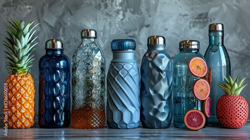A variety of reusable water bottles, including metal, glass, and BPA-free plastic options. Each bottle is shown with a different type of lid and design. photo