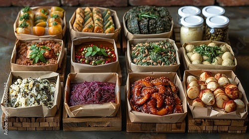 Different styles of artisanal food packaging, including kraft paper wraps and wooden boxes. Each item is shown with and without contents. photo