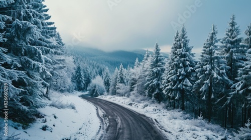 A snowy road with trees in the background