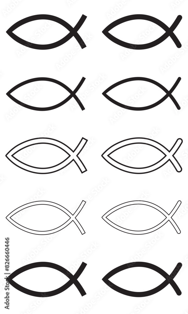 Set of Christian Fish designs in thick and thin weights and outlines isolated on transparent or white background Set of Christian Fish designs in thick and thin weights and outlines isolated on transparent or white background