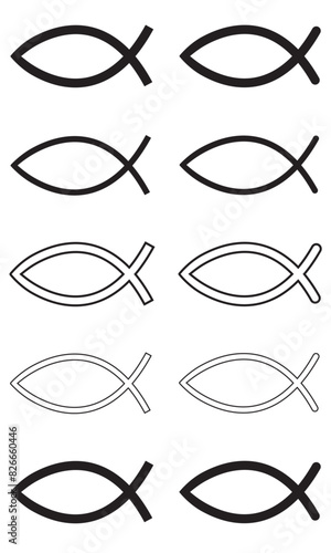 Set of Christian Fish designs in thick and thin weights and outlines isolated on transparent or white background