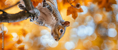 A playful squirrel hanging upside down from a tree branch  vibrant autumn colors  high-detail  capturing its agile and playful nature.Highly detailed photography