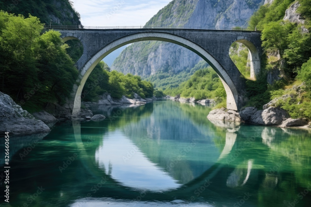 Fototapeta premium A bridge spans a river with a green reflection on the water
