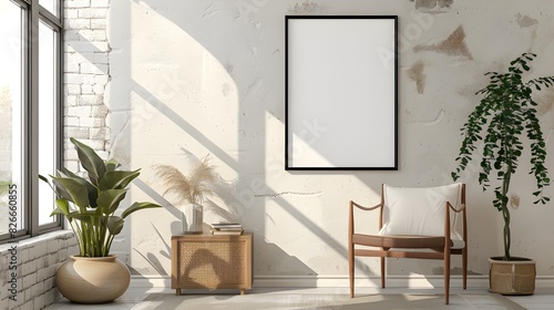 A mockup of an empty poster frame in the living room, illuminated by bright natural light. © Muhammad