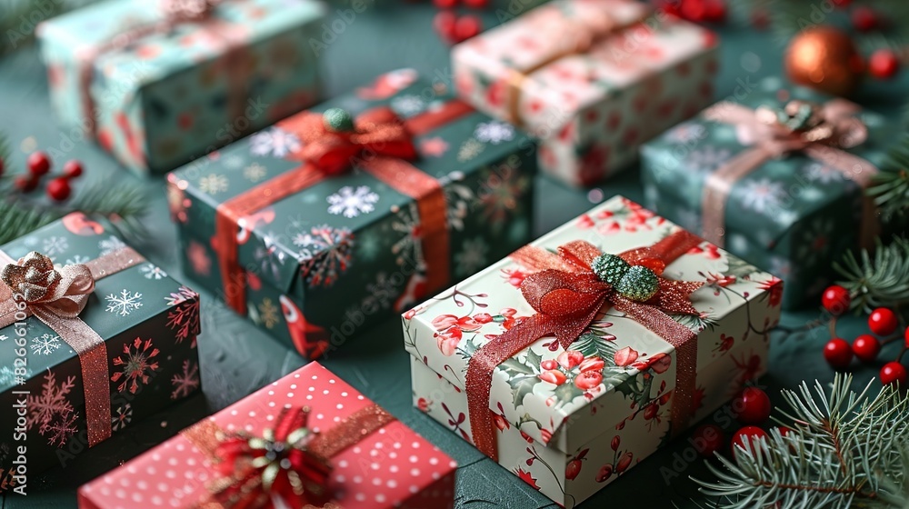 Gift box mockups featuring seasonal themes, such as Christmas, birthdays, and weddings. The boxes are decorated with thematic designs and embellishments.