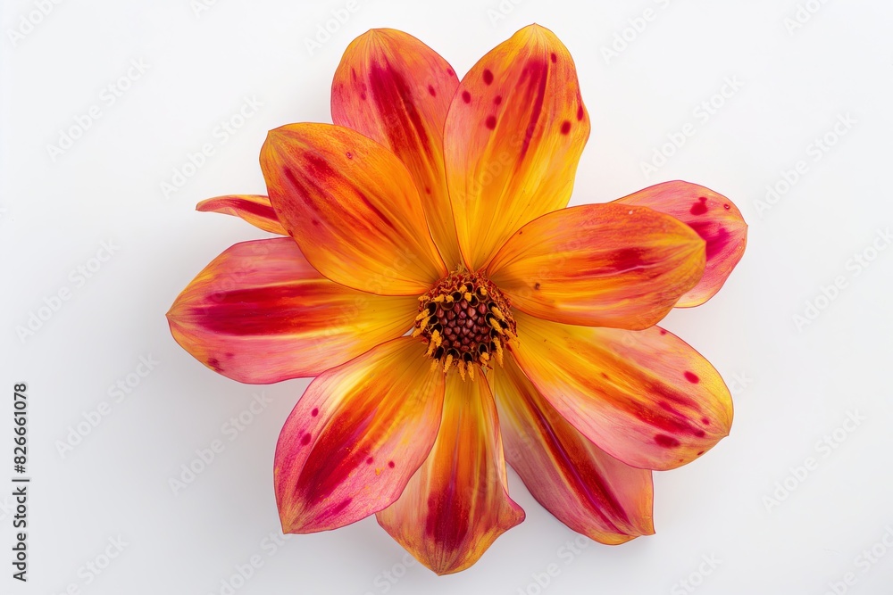 A single orange and red flower with a yellow center A single orange and red flower with a yellow center