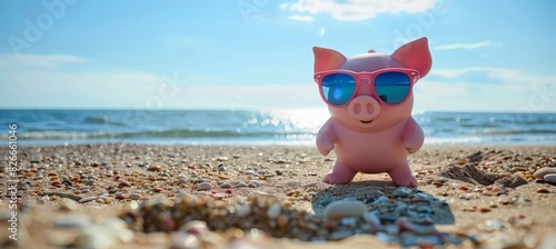 Beach Bum Piggy: Holiday relaxation blurred beach background