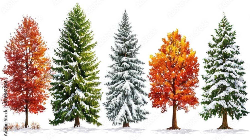 Naklejka premium A row of trees with different colored leaves and snow on them