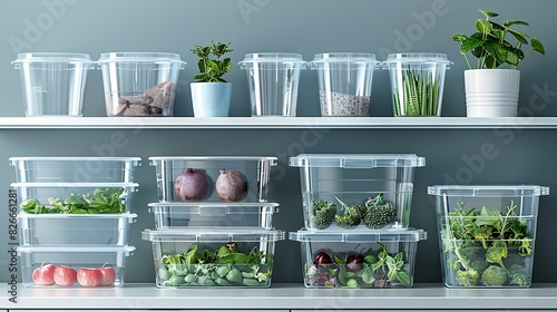 Mockups of clear plastic storage containers, ideal for organizing household items. The containers come in various sizes and shapes, with different types of lids. photo