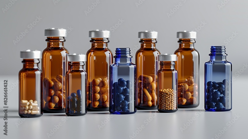 Mockups of medicinal and supplement bottles, including amber and blue glass options. The bottles are displayed with various types of caps, such as child-proof and dropper tops. Mockups of medicinal and supplement bottles, including amber and blue glass options. The bottles are displayed with various types of caps, such as child-proof and dropper tops.