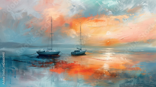 watercolor painting of Sky sunset and boat on the water. Modern impressionism , Watercolor seascape photo